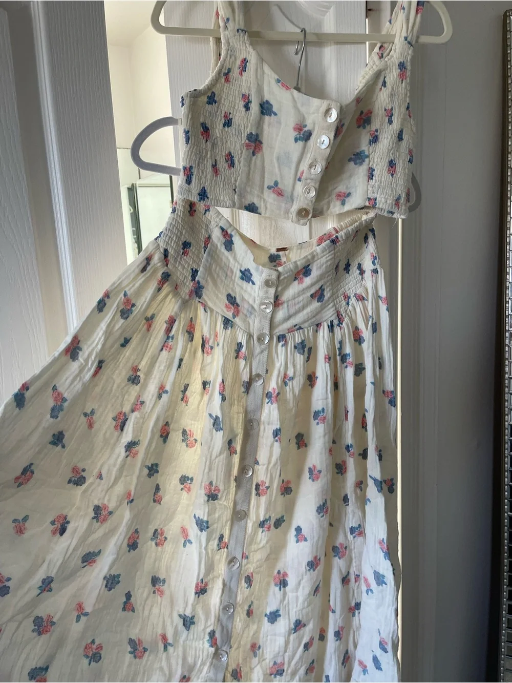 Free People White Floral Button-Front Skirt Set with Pink & Blue Accents